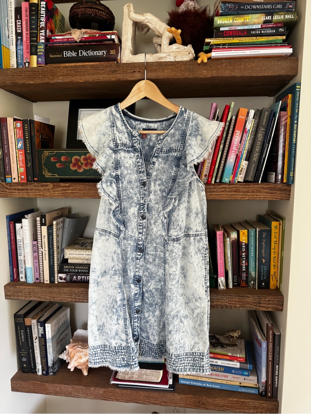 Pilcro Acid-Wash Denim Midi Dress in Light Blue and White